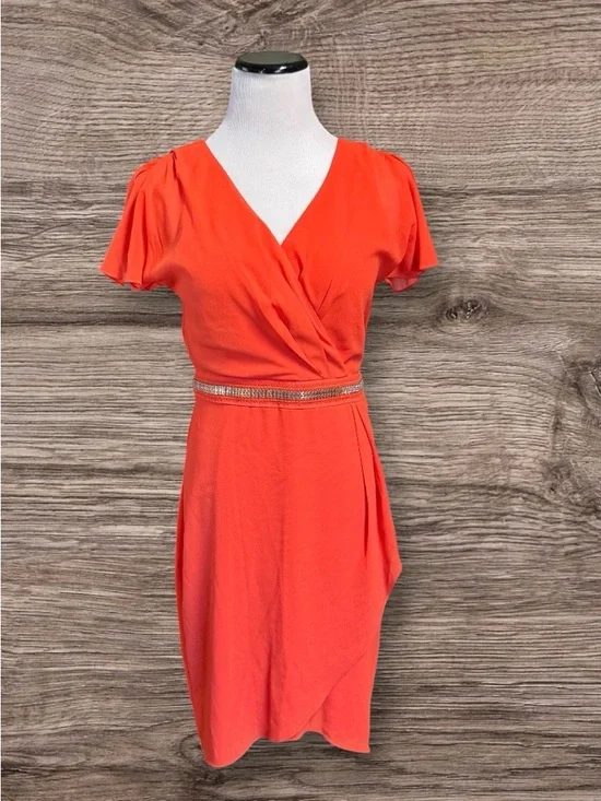 NWT Belle Badgley Mischka Orange Cocktail Dress Crossover Flutter Sleeve - Picture 1 of 11